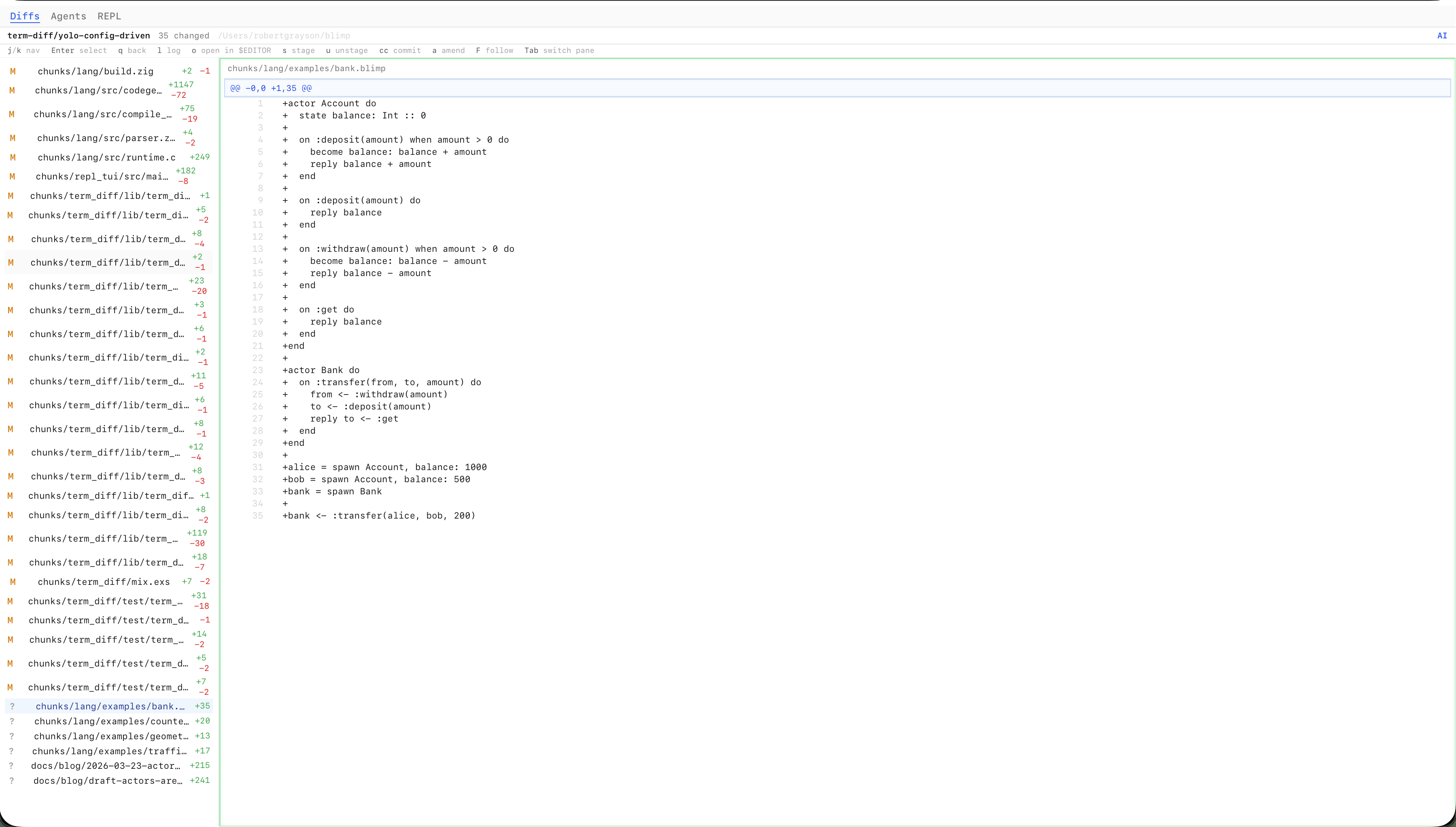 The diff viewer showing a bank.blimp example with file list on the left and diff on the right