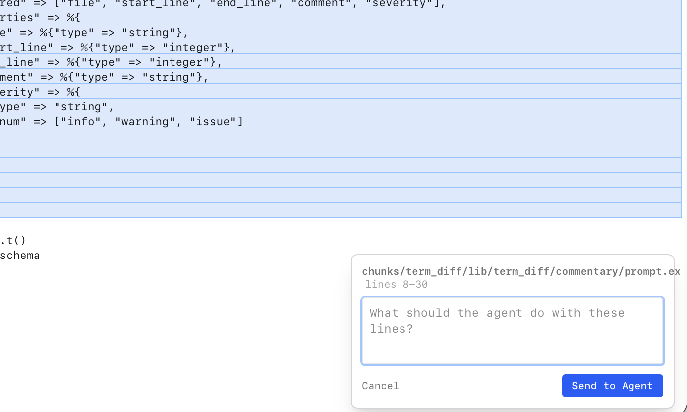 Line selection dialog showing selected lines and a prompt to send to an agent
