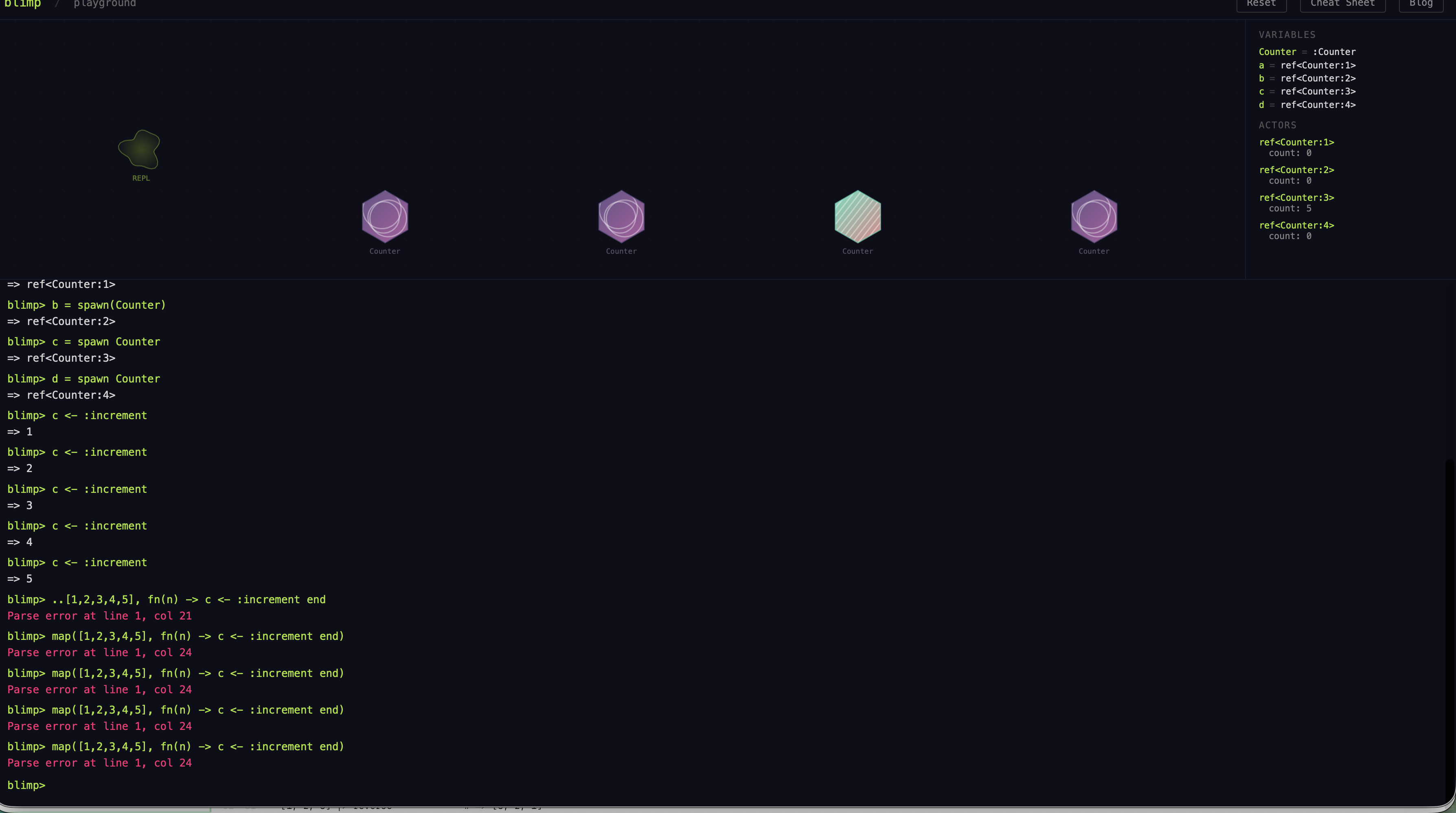 The playground canvas showing multiple counter actors as hexagons with different fill patterns