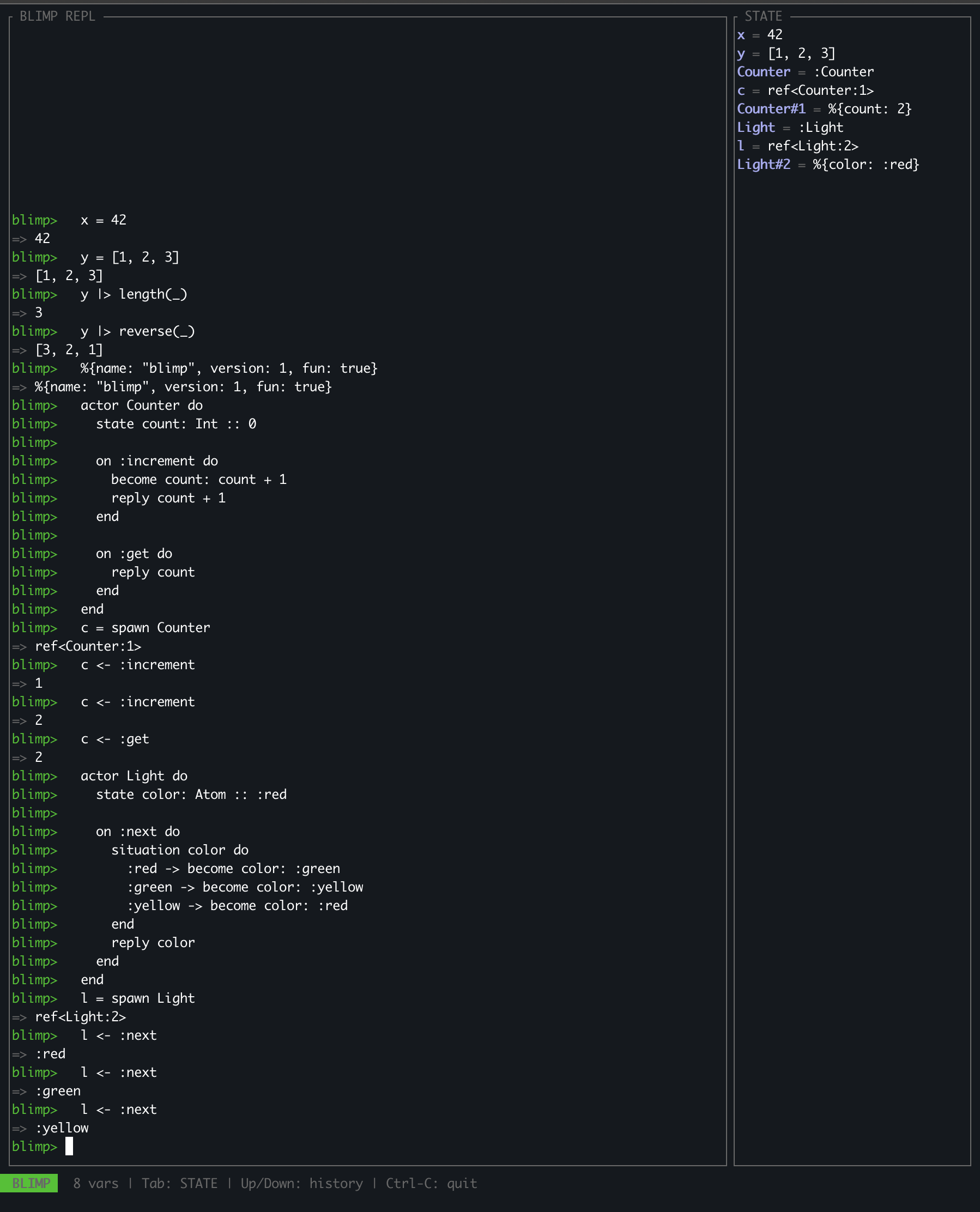 The REPL with session on the left and state sidebar on the right showing variables, actor templates, refs, and instance state